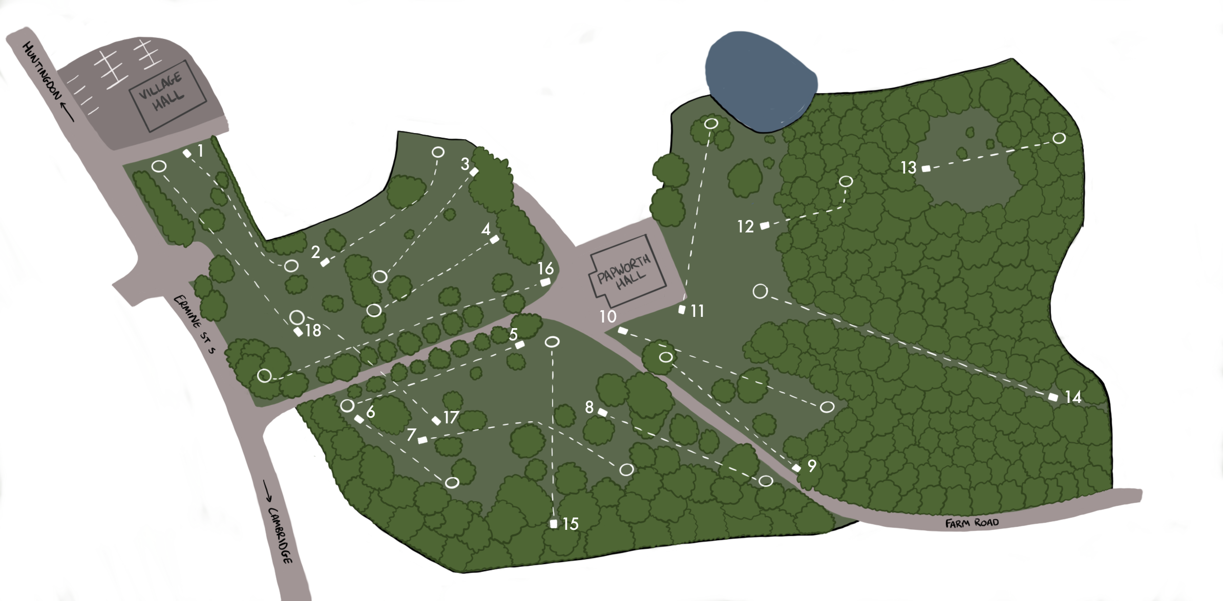 Map of the Papworth Disc Golf Course Layout